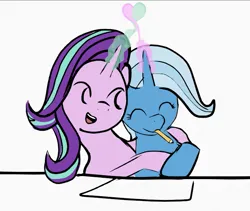 Size: 729x615 | Tagged: safe, artist:rivershine, derpibooru import, starlight glimmer, trixie, pony, female, g4, heart, hug, image, lesbian, love, love magic, magic, mouth hold, pencil, png, shipping, simple background, startrix, transgender, white background