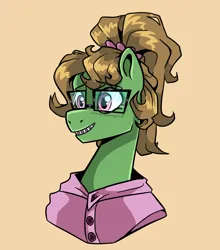 Size: 1543x1753 | Tagged: safe, artist:smirk, derpibooru import, oc, oc:mayfly, unofficial characters only, pony, braces, female, glasses, image, jpeg, messy mane, ponytail, smiling
