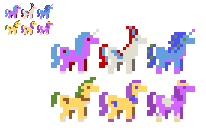 Size: 206x132 | Tagged: safe, derpibooru import, hitch trailblazer, izzy moonbow, pipp petals, sunny starscout, zipp storm, earth pony, pegasus, pony, unicorn, g5, horn, image, limited palette, misty brightdawn, pixel art, png