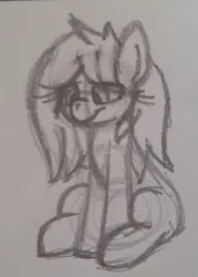 Size: 1518x2125 | Tagged: safe, artist:bazza, derpibooru import, oc, oc:sketchy sadness, unofficial characters only, earth pony, pony, black and white, ears up, earth pony oc, grayscale, hair over one eye, hips, image, jpeg, looking down, monochrome, pencil drawing, sad, sitting, sketch, solo, traditional art