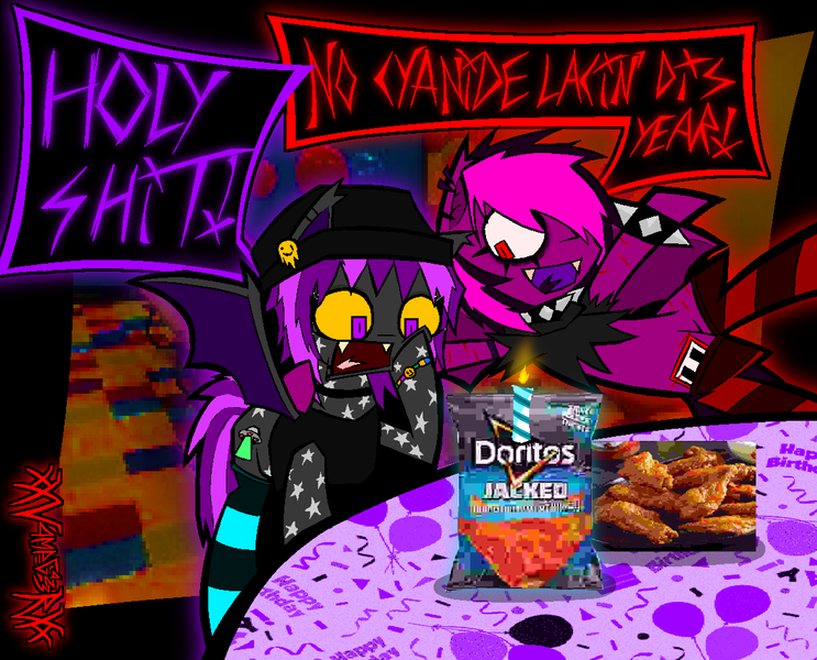 Size: 2276x1838 | Tagged: safe, artist:xxv4mp_g4z3rxx, derpibooru import, oc, oc:spaced out, oc:violet valium, bat pony, pony, beanie, birthday, bracelet, candle, chips, choker, clothes, doritos, duo, emo, fangs, food, hat, hoodie, hot wings, image, nonbinary, png, purple eyes, red eyes, smiley face, socks, speech bubble, spiked choker, spiked wristband, tail, two toned mane, two toned tail, wristband