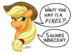 Size: 300x222 | Tagged: safe, artist:texasuberalles, derpibooru import, applejack, earth pony, pony, april fools 2024, bust, cowboy hat, derpibooru exclusive, female, hat, image, mare, meta, pixel art, png, simple background, solo, speech bubble, white background