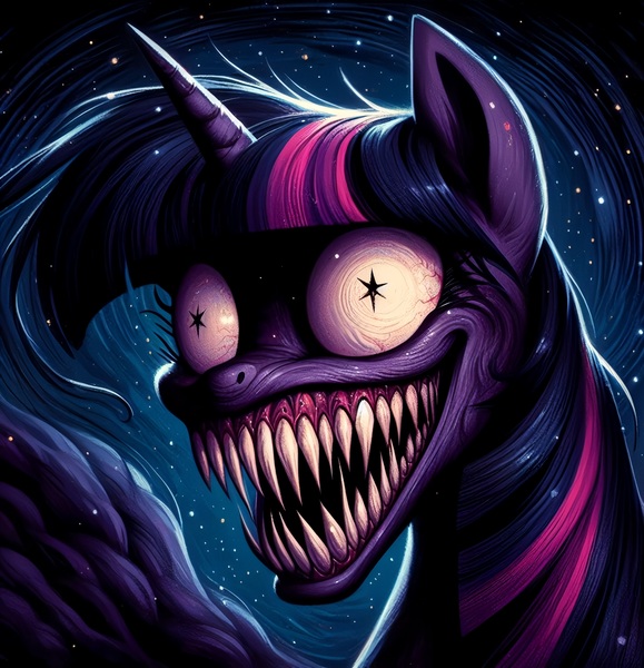 Size: 3422x3547 | Tagged: semi-grimdark, ai content, derpibooru import, machine learning generated, prompter:enterusxrname, twilight sparkle, twilight sparkle (alicorn), alicorn, pony, crazy face, faic, g4, generator:bing image creator, generator:dall-e 3, high res, image, insanity, jpeg, nightmare fuel, outdoors, sharp teeth, solo, stars, teeth, twilight snapple