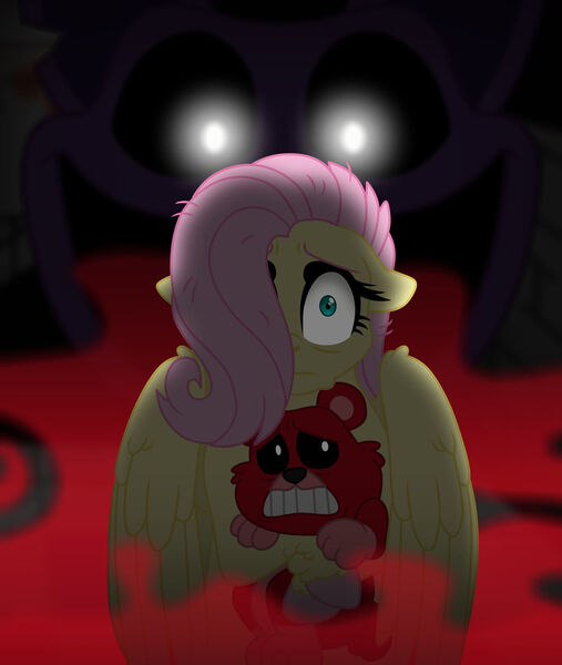 Size: 1280x1516 | Tagged: safe, artist:faitheverlasting, derpibooru import, fluttershy, bear, commission, fog, glow, glowing eyes, hug, image, jpeg, poppy playtime, scared, this will end in death, this will end in tears, this will end in tears and/or death
