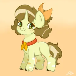 Size: 3072x3072 | Tagged: safe, artist:duckyia, derpibooru import, oc, pony, unicorn, bow, brown mane, chest fluff, ear fluff, eyelashes, female, filly, foal, freckles, green eyes, hair bow, hooves, horn, image, looking at you, markings, necktie, orange background, png, ponytail, signature, simple background, smiling, smiling at you, solo, yellow coat