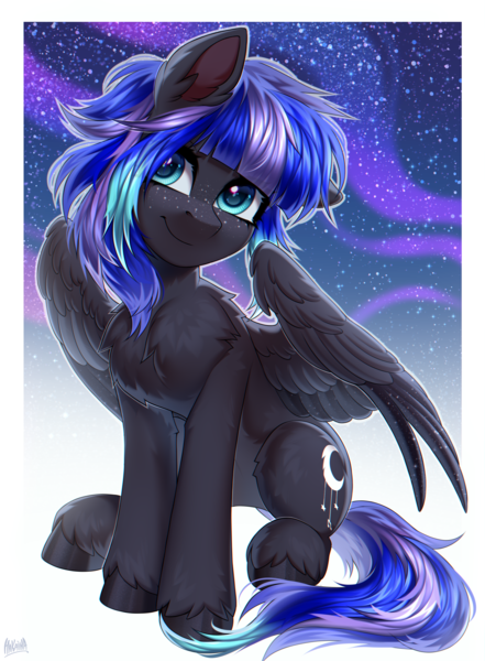 Size: 2500x3400 | Tagged: safe, artist:hakaina, derpibooru import, oc, oc:rainfall (zeepurplefox), unofficial characters only, pegasus, pony, belly, chest fluff, colored, concave belly, cute, female, fluffy, high res, image, looking up, mare, ocbetes, partially open wings, pegasus oc, png, shading, sitting, solo, starry sky, unshorn fetlocks, wings