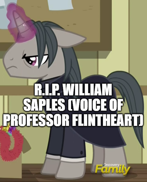 Size: 500x620 | Tagged: safe, derpibooru import, edit, edited screencap, screencap, professor flintheart, pony, unicorn, a hearth's warming tail, horn, image, in memoriam, male, misspelling, png, rest in peace, stallion, voice actor, william samples