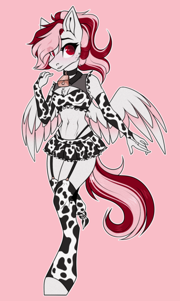 Size: 1674x2799 | Tagged: suggestive, artist:ouijaa, derpibooru import, oc, oc:toricelli, anthro, alternate hairstyle, amputee, bell, bell collar, blushing, bra, cheek fluff, chest fluff, clothes, collar, cowprint, evening gloves, fingerless gloves, gloves, image, lingerie, long gloves, miniskirt, png, ponytail, skirt, socks, solo, spread wings, transparent wings, underwear, wings
