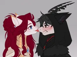 Size: 4200x3100 | Tagged: safe, artist:miurimau, derpibooru import, oc, unofficial characters only, pony, blush lines, blushing, bust, cloak, clothes, commission, duo, ear piercing, earring, fangs, gray background, gritted teeth, high res, hood, image, jewelry, nose licking, piercing, png, signature, simple background, smiling, teeth, tongue out