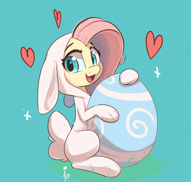 Size: 1000x952 | Tagged: safe, artist:inkypuso, derpibooru import, fluttershy, pegasus, pony, animal costume, bunny costume, clothes, costume, egg, female, heart, image, jpeg, looking at you, simple background, solo
