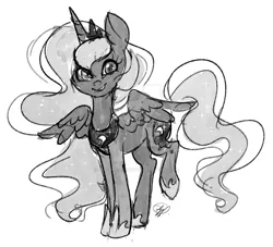 Size: 1280x1162 | Tagged: safe, artist:peaceouttopizza23, derpibooru import, princess luna, alicorn, pony, deviantart watermark, female, grayscale, image, looking at you, mare, monochrome, obtrusive watermark, partially open wings, png, signature, simple background, smiling, smiling at you, solo, watermark, white background, wings