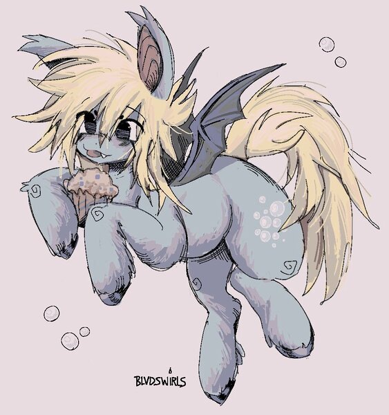 Size: 1005x1072 | Tagged: safe, artist:blvdswirls, derpibooru import, derpy hooves, bat pony, pony, :p, bat ponified, derpybat, food, image, jpeg, muffin, race swap, smiling, solo, species swap, tongue out