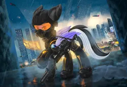 Size: 5834x3997 | Tagged: safe, artist:atlas-66, derpibooru import, oc, oc:marussia, ponified, unofficial characters only, pegasus, pony, ak-74, assault rifle, city, cyberpunk, cyrillic, gun, helmet, image, military, moscow, nation ponies, pegasus oc, png, rain, rifle, russia, russian, signature, solo, weapon, wings