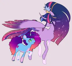 Size: 1564x1440 | Tagged: safe, artist:nyctophilist, derpibooru import, princess twilight 2.0, twilight sparkle, twilight sparkle (alicorn), alicorn, unicorn, g5, the last problem, afro mane, blue coat, blue mane, colored wings, crown, curious, derpibooru exclusive, duo, duo female, ethereal mane, ethereal tail, female, fluffy mane, g4, gradient mane, gradient wings, green eyes, horn, image, jewelry, jpeg, misty brightdawn, older, older twilight, older twilight sparkle (alicorn), ponytail, purple coat, purple eyes, purple mane, rainbow power, raised hoof, raised hooves, rebirth misty, regalia, smiling, spread wings, starry mane, starry tail, tail, walking, wings