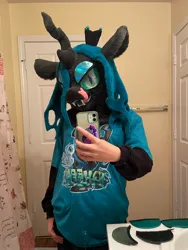 Size: 1536x2048 | Tagged: safe, artist:limeythecheetah, derpibooru import, queen chrysalis, human, clothes, cosplay, costume, female, fursuit, hand on hip, image, indoors, irl, irl human, jpeg, phone, photo, selfie, tongue out