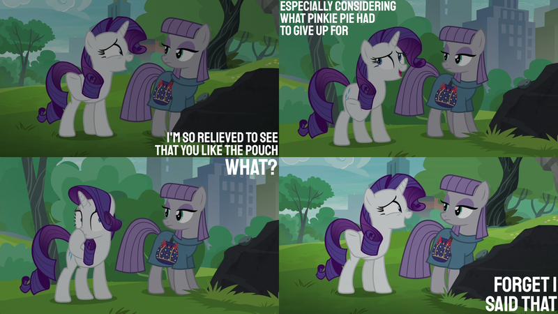 Size: 2000x1125 | Tagged: safe, derpibooru import, edit, edited screencap, editor:quoterific, screencap, maud pie, rarity, the gift of the maud pie, boulder (g4), city, image, park, png, rock, rock pouch, tree