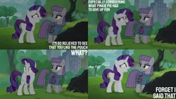 Size: 2000x1125 | Tagged: safe, derpibooru import, edit, edited screencap, editor:quoterific, screencap, maud pie, rarity, the gift of the maud pie, boulder (g4), city, image, park, png, rock, rock pouch, tree