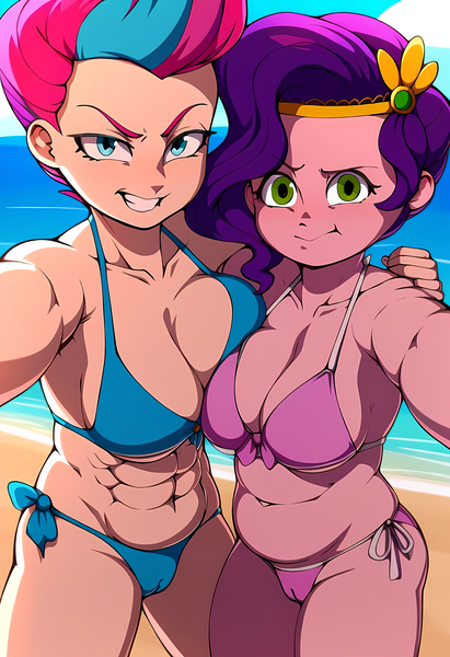 Size: 3328x4864 | Tagged: suggestive, ai content, derpibooru import, machine learning generated, stable diffusion, pipp petals, zipp storm, human, g5, abs, angry, beach, belly button, bikini, breasts, busty pipp petals, busty zipp storm, cameltoe, cheek to cheek, chubby, clothes, cute, diadem, duo, duo female, eyebrows, female, females only, frown, generator:pony diffusion v6 xl, generator:purplesmart.ai, grin, high res, humanized, image, jealous, jewelry, madorable, maretime bay, muscles, muscular female, pipp is chubby, png, prompter:lerkyboy, redraw, regalia, ripped zipp, royal sisters (g5), selfie, siblings, sisters, smiling, squeezing, squishy cheeks, swimsuit, upset