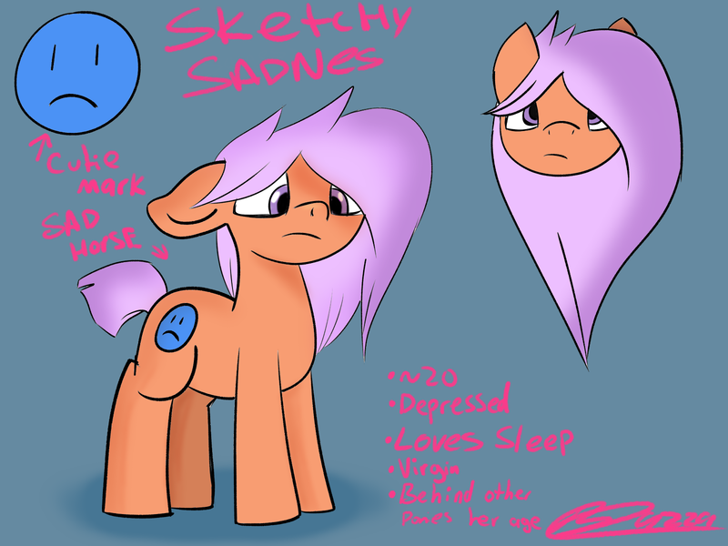 Size: 1600x1200 | Tagged: safe, artist:bazza, derpibooru import, oc, oc:sketchy sadness, unofficial characters only, earth pony, depressed, depression, earth pony oc, frown, g4, image, medibang paint, pink hair, pink mane, png, reference sheet, sad, short tail, signature, simple shading, solo, tail, writing