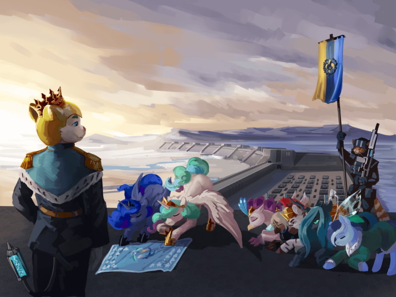 Size: 4147x3110 | Tagged: safe, derpibooru import, princess celestia, princess luna, queen chrysalis, queen novo, abyssinian, changeling, pony, seapony (g4), equestria at war mod, my little pony: the movie, april fools, bowing, colored, dam, gun, hearts of iron 4, image, kaiser kattail, katzen, png, stellaris, submission, surrender, war, weapon