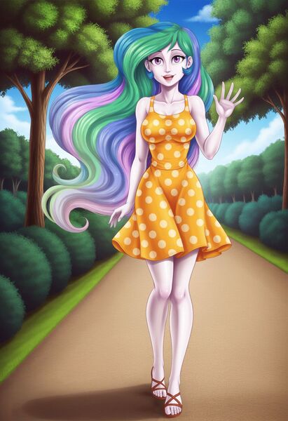 Size: 1248x1824 | Tagged: safe, ai content, derpibooru import, machine learning generated, stable diffusion, princess celestia, equestria girls, blue sky, bush, clothes, dress, female, g4, generator:pony diffusion v6 xl, happy, image, jpeg, looking at you, open mouth, open smile, park, path, polka dots, principal celestia, prompter:siber, sandals, smiling, smiling at you, solo, sundress, tree, walking, waving, waving at you