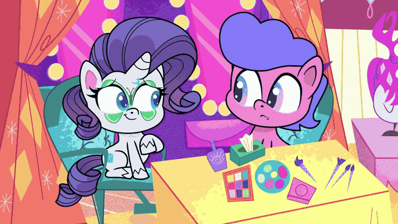 Size: 1280x720 | Tagged: safe, derpibooru import, screencap, rarity, unnamed character, unnamed pony, earth pony, pony, unicorn, my little pony: pony life, spoiler:pony life s02e18, absurd file size, absurd gif size, animated, butterfly wings, communication shakedown, cosmetics, eyes closed, face paint, female, gif, horn, image, magic, male, mare, paintbrush, stallion, telekinesis, wings