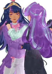 Size: 1280x1810 | Tagged: safe, artist:furaneesu, derpibooru import, starlight glimmer, twilight sparkle, human, bow, clothes, dancing, eyebrows, eyebrows visible through hair, female, gloves, hand on shoulder, hand on waist, humanized, image, jewelry, jpeg, lesbian, shipping, simple background, tiara, white background