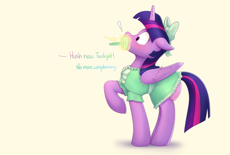 Size: 5967x4031 | Tagged: suggestive, artist:edrian, derpibooru import, twilight sparkle, twilight sparkle (alicorn), alicorn, pony, adult foal, blushing, bow, clothes, dialogue, diaper, diaper fetish, dress, exclamation point, fetish, hair bow, image, implied princess celestia, magic, non-baby in diaper, offscreen character, pacifier, png, shocked, simple background, solo, telekinesis