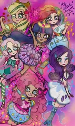 Size: 736x1227 | Tagged: safe, artist:artmiiracle, derpibooru import, applejack, fluttershy, pinkie pie, rainbow dash, rarity, twilight sparkle, human, alternate hairstyle, applejack's hat, boots, clothes, cowboy hat, crown, dark skin, dress, eyeshadow, female, grin, hat, high heel boots, high heels, humanized, image, jewelry, jpeg, leg warmers, lipstick, magical girl, makeup, mane six, one eye closed, regalia, shoes, skirt, smiling, wink