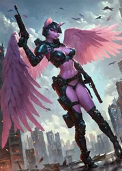 Size: 1000x1400 | Tagged: safe, ai content, derpibooru import, machine learning generated, prompter:star-dragon, stable diffusion, twilight sparkle, twilight sparkle (alicorn), alicorn, anthro, armor, breasts, busty twilight sparkle, city, cyberpunk, fantasy, female, g4, generator:pony diffusion v6 xl, image, png, science fiction, solo, spread wings, weapon, wings