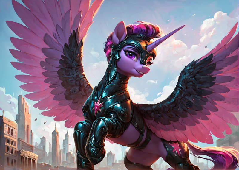 Size: 1400x1000 | Tagged: safe, ai content, derpibooru import, machine learning generated, prompter:star-dragon, stable diffusion, twilight sparkle, twilight sparkle (alicorn), alicorn, pony, armor, city, cyberpunk, fantasy, female, g4, generator:pony diffusion v6 xl, image, png, science fiction, solo, spread wings, wings