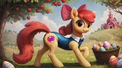 Size: 2560x1440 | Tagged: suggestive, ai content, derpibooru import, machine learning generated, prompter:truekry, stable diffusion, apple bloom, earth pony, pony, apple, apple tree, clothes, costume, easter, easter egg, food, g4, generator:pony diffusion v6 xl, happy, holiday, image, looking at you, outdoors, png, smiling, smiling at you, solo, sweet apple acres, tree, wallpaper