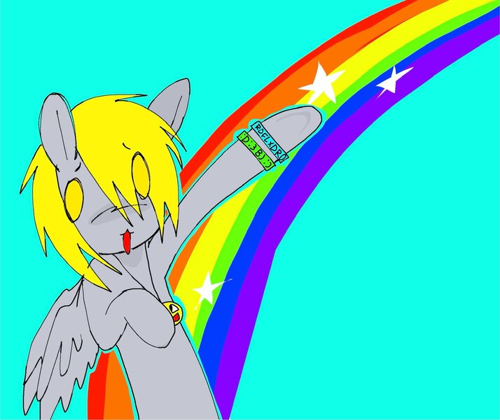 Size: 1984x1668 | Tagged: safe, artist:poniesinmyhead, derpibooru import, derpy hooves, pegasus, pony, blue background, cyan background, image, jpeg, open mouth, rainbow, scene kid, simple background, solo