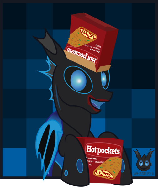 Size: 2378x2832 | Tagged: safe, artist:wheatley r.h., derpibooru import, oc, oc:w. rhinestone eyes, unofficial characters only, changeling, pony, bat wings, blue changeling, box, changeling oc, derpibooru exclusive, honeypot changeling, hot pocket, image, looking at you, male, png, smiling, stallion, vector, watermark, wings
