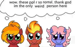 Size: 680x429 | Tagged: safe, artist:moonatik, derpibooru import, oc, oc:flame fireblast, oc:moonatik, oc:wonder waves, earth pony, pegasus, pony, bust, cute, earth pony oc, female, glasses, image, male, mare, meme, pegasus oc, png, stallion, thought bubble, wings