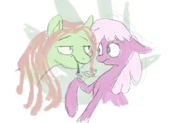 Size: 750x539 | Tagged: safe, artist:shaslan, derpibooru import, cheerilee, tree hugger, earth pony, pony, blunt, drugs, duo, duo female, female, image, jpeg, looking at each other, looking at someone, mare, marijuana, raised hoof, simple background, white background