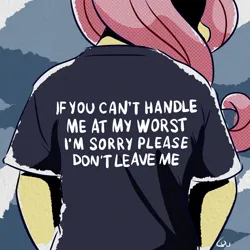 Size: 2200x2200 | Tagged: safe, artist:lou, derpibooru import, fluttershy, anthro, clothes, feels, female, image, meme, obscured face, png, shirt, solo, t-shirt