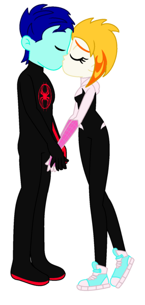 Size: 873x1837 | Tagged: safe, artist:robertsonskywa1, derpibooru import, oc, oc:starshadow skystalker, equestria girls, g5, canon x oc, clothes, cosplay, costume, equestria girls-ified, female, flare (g5), flareshadow, g4, g5 to equestria girls, g5 to g4, generation leap, image, kiss on the lips, kissing, male, marvel, miles morales, photo, png, shipping, simple background, spider-gwen, spider-man, spider-man: across the spider-verse, transparent background