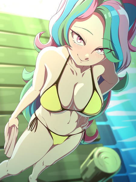 Size: 1200x1600 | Tagged: suggestive, artist:rockset, ponybooru import, princess celestia, human, equestria girls, legend of everfree, barefoot, belly button, bikini, blushing, clothes, feet, female, humanized, image, looking at you, png, principal celestia, sexy, solo, solo female, swimsuit