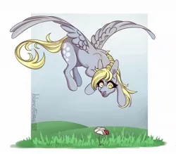 Size: 1120x980 | Tagged: safe, artist:blancotorra, derpibooru import, derpy hooves, insect, ladybug, pegasus, pony, female, flower, flying, g4, grass, image, jpeg, looking down, mare, passepartout, simple background, solo, white background
