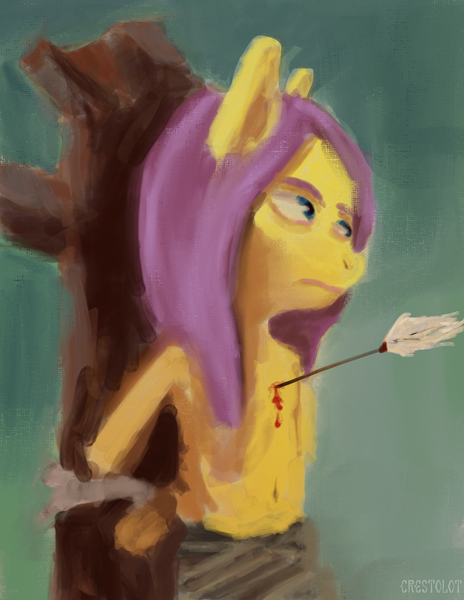 Size: 2550x3300 | Tagged: questionable, semi-grimdark, artist:crestolot, derpibooru import, fluttershy, arrow, blood, image, png, tree