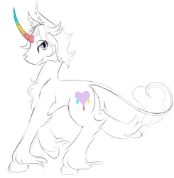 Size: 1040x1060 | Tagged: safe, artist:squeezymouse, derpibooru import, oc, oc:tri color, unofficial characters only, classical unicorn, pony, unicorn, cloven hooves, colored horn, concave belly, curved horn, cutie mark, derpibooru exclusive, gradient horn, hooves, horn, image, leonine tail, png, rainbow horn, side view, simple background, sketch, solo, unshorn fetlocks, white background