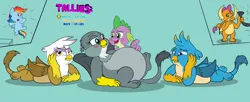 Size: 4350x1778 | Tagged: safe, artist:rupert, derpibooru import, gabby, gallus, gilda, rainbow dash, smolder, spike, dragon, gryphon, pegasus, pony, series:catbird 3's colossal squish program, belly, blushing, chibi, chubby, disappointed, dragoness, female, food, frown, g4, hose, image, imminent weight gain, incentive drive, lying down, male, milestone, open mouth, pale belly, paws, plump, png, poking, prone, round belly, sitting, smiling, teams, this will end in weight gain
