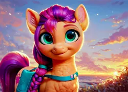 Size: 5120x3712 | Tagged: safe, ai content, derpibooru import, machine learning generated, prompter:kluknawa235, stable diffusion, sunny starscout, earth pony, pony, g5, chest fluff, cloud, ear fluff, generator:pony diffusion v6 xl, generator:purplesmart.ai, image, jpeg, sky, sunset