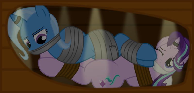 Size: 2500x1204 | Tagged: safe, artist:cardshark777, derpibooru import, starlight glimmer, trixie, pony, unicorn, bondage, bound and gagged, box, cloth gag, digital art, female, g4, gag, helpless, hoof on cheek, horn, horn ring, image, jewelry, lesbian, lidded eyes, lying down, magic suppression, mare, one eye closed, png, pun, ring, shipping, startrix, trixie is not amused, unamused, visual pun