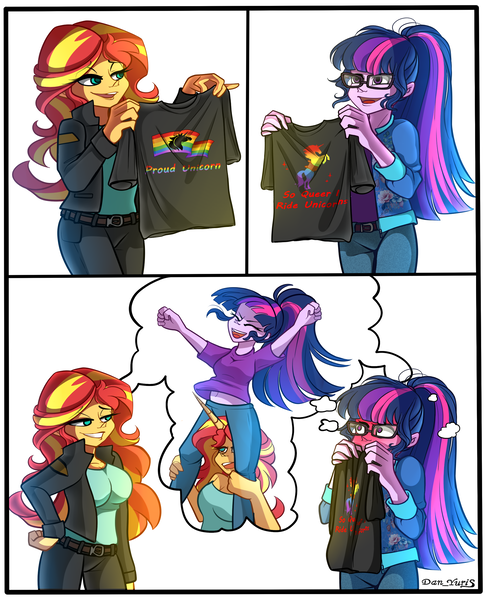 Size: 2000x2464 | Tagged: suggestive, artist:yuris, derpibooru import, sci-twi, sunset shimmer, twilight sparkle, human, fanfic, fanfic:cross the rubicon- choices, equestria girls, blushing, breasts, busty sunset shimmer, clothes, comic, fanfic art, female, g4, image, jacket, lesbian, lgbt, open mouth, png, ship:sci-twishimmer, shipping, shirt, simple background, smiling, sunsetsparkle, t-shirt, thought bubble, white background