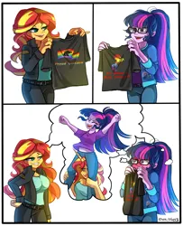 Size: 2000x2464 | Tagged: suggestive, artist:yuris, derpibooru import, sci-twi, sunset shimmer, twilight sparkle, human, fanfic, fanfic:cross the rubicon- choices, equestria girls, blushing, breasts, busty sunset shimmer, clothes, comic, fanfic art, female, g4, image, jacket, lesbian, lgbt, open mouth, png, ship:sci-twishimmer, shipping, shirt, simple background, smiling, sunsetsparkle, t-shirt, thought bubble, white background