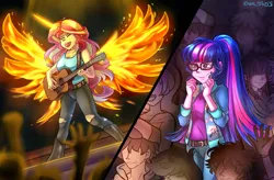 Size: 3092x2032 | Tagged: safe, artist:yuris, derpibooru import, sci-twi, sunset shimmer, twilight sparkle, human, fanfic, fanfic:cross the rubicon- choices, equestria girls, artificial wings, augmented, breasts, busty sunset shimmer, clothes, comic, crowd, daydream shimmer, fanfic art, female, fiery shimmer, fiery wings, g4, guitar, image, magic, magic wings, musical instrument, open mouth, png, shirt, silhouette, smiling, stage, sunset phoenix, wings