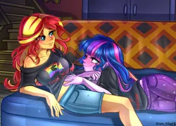 Size: 2900x2075 | Tagged: suggestive, alternate version, artist:yuris, derpibooru import, sci-twi, sunset shimmer, twilight sparkle, human, fanfic, fanfic:cross the rubicon- choices, equestria girls, blushing, breasts, busty sunset shimmer, closet, clothes, comic, couch, fanfic art, female, g4, image, lesbian, lgbt, lying down, png, ship:sci-twishimmer, shipping, shirt, smiling, sofa bed, staircase, steps, sunset's apartment, sunsetsparkle, t-shirt