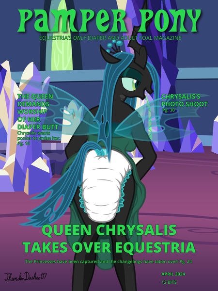 Size: 1200x1600 | Tagged: suggestive, artist:thunderdasher07, derpibooru import, part of a set, queen chrysalis, anthro, changeling, changeling queen, unguligrade anthro, series:pamper pony, ass, bedroom eyes, bent over, breasts, butt, butt focus, clothes, crown, cutie map, diaper, diaper butt, diaper fetish, dress, dress lift, fangs, female, fetish, friendship throne, g4, image, jewelry, looking back, magazine cover, non-baby in diaper, part of a series, png, poofy diaper, rear view, rearboob, regalia, signature, sleeveless, sleeveless dress, solo, spread wings, strapless, strapless dress, tail, tail hole, twilight's castle, wings